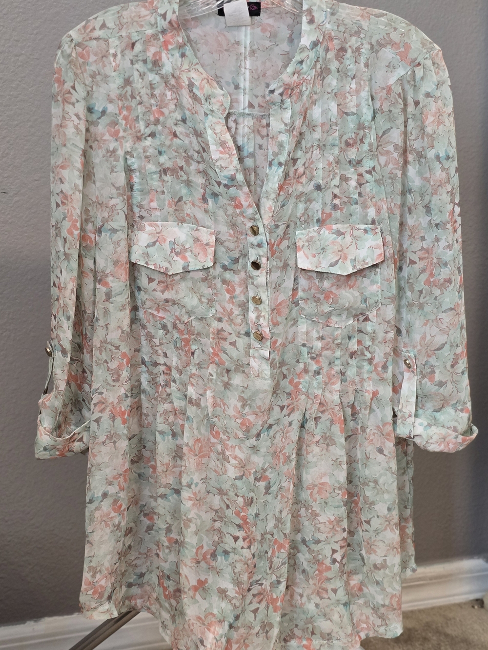 Cocomo 2X Sheer Floral Tunic Blouse Mint Coral Roll Tab Sleeve